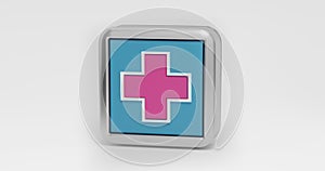 Rotation around its axis, a rectangular metal sign with a medical cross. 3d render