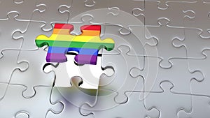 Rotation around One big Rainbow Puzzle Piece above others Gray Pieces