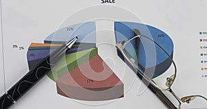 Rotation of the chart, pen and glasses. Business background. Close-up.