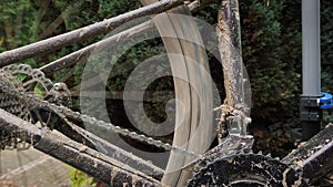 Rotation of gravel bicycle wheel. Dirty bike with rotating wheel and disc brakes