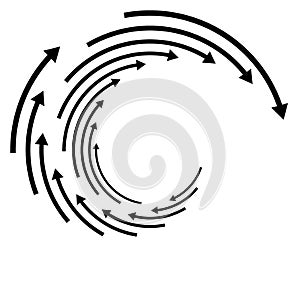 Rotation, revolve, torsion concept circular arrow illustration. radial, radiating spiral, whirl, twirl of pointers design. photo