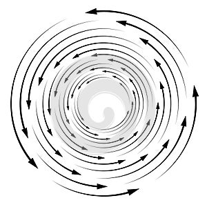 Rotation, revolve, torsion concept circular arrow illustration. radial, radiating spiral, whirl, twirl of pointers design. photo