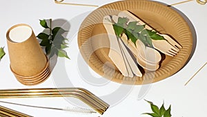 Rotation Set of eco friendly tableware, reusable disposable plates, cups, stainless steel straws