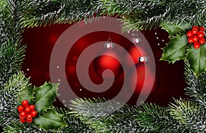 Rote Weihnachtskugeln mit WeihnachtsgrÃÂ¼n auf Rotem Hintergrund photo