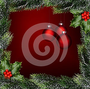 Rote Weihnachtskugeln mit WeihnachtsgrÃÂ¼n auf Rotem Hintergrund photo