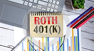 ROTH 401K written on a notepad with office tools,business concept