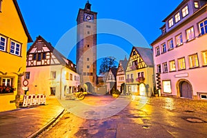 Rothenburg ob der Tauber. Hisoric tower gate of medieval German town of Rothenburg ob der Tauber evening view
