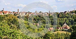 Rothenburg ob der Tauber Old town, wall and church hidden in the forest, Rothenburg ob der Tauber, Germany.