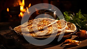 Roti or chapatti cooking in a non-stick frying pan in the kitchen