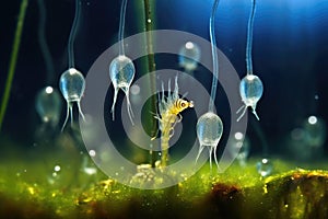 rotifers swimming among water plants in a droplet photo