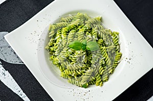 Rotini pesto pasta top view.