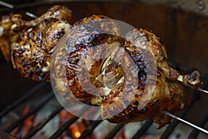 Rotisserie chicken roasting over an open fire