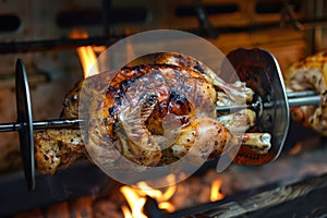 Rotisserie chicken roasting over an open fire