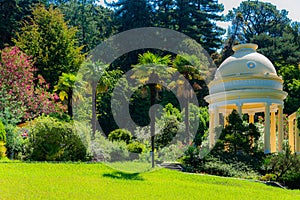 Rotonda in a park. Gardening and landscape design in public relax place. Arboretum Park