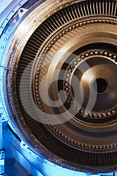 A rotor disc with blades of a turbojet gas turbine engine, inside view