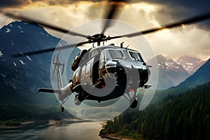 A rotorcraft in the sky. Military helicopter. AI Generated