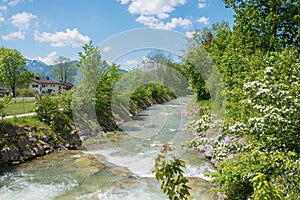 Rottach river, pictorial spring landscape tourist resort Rottach-Egern, upper bavaria