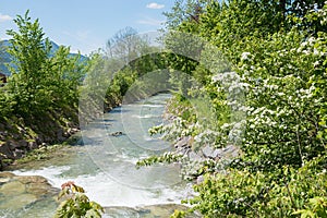 Rottach river, pictorial spring landscape tourist resort Rottach-Egern, upper bavaria in may