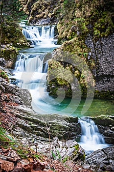 Rottach waterfall near lake Tegernsee in winter, Rottach-Egern, Bavaria, Germany