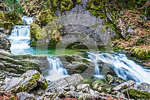 Rottach waterfall near lake Tegernsee in winter, Rottach-Egern, Bavaria, Germany