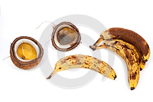 Rotten bananas and coconut. Wasted tropical food rotting with fungus. photo