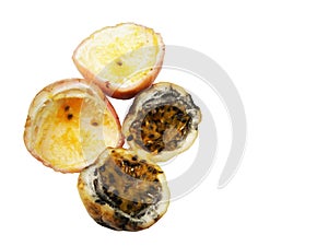 Rotten and good inside ripe passion fruits