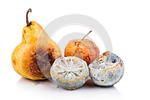 Rotten, moldy and decomposing lemon, apple, pear on white background