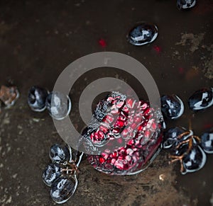 Rotten pomegranates and grapes