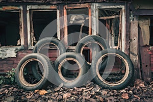 Rotten rubber tires create a rustic backdrop against ruined building