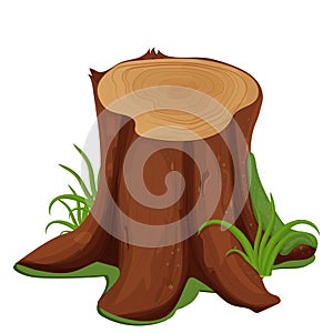 Rotten stump of tree with moss and grass in cartoon style isolated on white background. Detailed drawing with root, wood