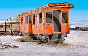 Rotten train wagon in the village of Desert Center in the middle of nowhere in Caifornia