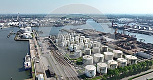 Rotterdam, 9th of June 2023, The Netherlands. Port of Rotterdam, petrochemical silos and industrial zone.