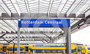 Rotterdam Centraal text blue sign, Rotterdam cental rail station in Netherlands photo