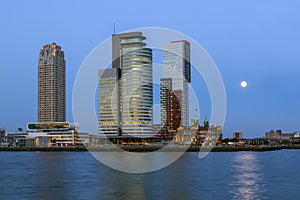 Rotterdam city center in the evening. Skyscrapers on the shore.South Holland. Rotterdam, Holland.