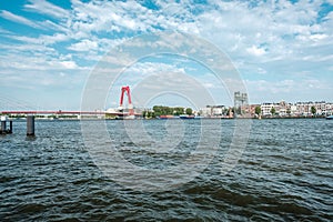 Rotterdam city cityscape skyline with Willemsbrug bridge and river. South Holland, Netherlands.