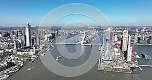 Rotterdam city skyline in The Netherlands drone view of the Maas and office buildings city view. Destination in Holland
