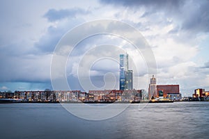 Rotterdam city after sunset, dramatic sky. Holland, Western Euro