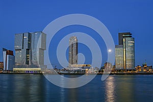 ROTTERDAM, HOLLAND. Rotterdam city center in the evening. South Holland. Skyscrapers on the shore.