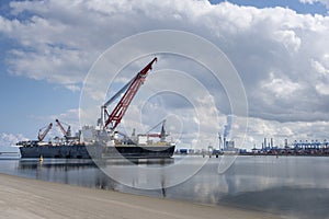 ROTTERDAM, MAASVLAKTE, THE NETHERLANDS Construction vessel moored at the Maasvlakte, Rotterdam in The Netherlands with the new photo