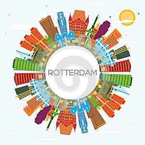 Rotterdam Netherlands City Skyline with Color Buildings, Blue Sky and Copy Space