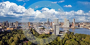 Rotterdam Netherlands cityscape and Erasmus bridge. Panoramic view from Euromast tower, sunny day