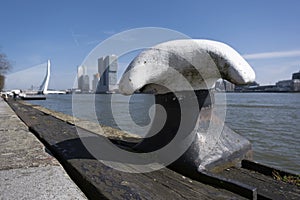 Rotterdam, Erasmusbridge with quay and mooring posts