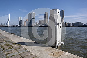 Rotterdam, Erasmusbridge with quay and mooring posts