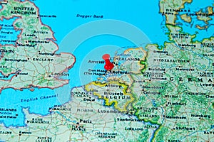 Rotterdam, Netherlands pinned on a map of Europe photo