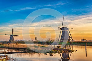 Rotterdam Netherlands, sunrise nature landscape of Windmill at Kinderdijk