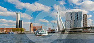 Rotterdam panoramic view Erasmus bridge over the Meuse river and modern office buildings at Kop van Zuid, the Netherlands Holland