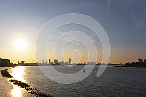 Rotterdam Skyline with Erasmusbrug bridge at sunset in morning in Rotterdam, Netherlands