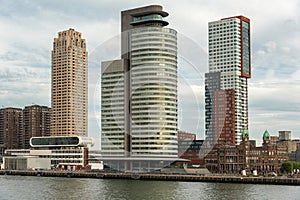 Rotterdam skyline from Rhine river with Hotel New York. Holland Amerika Lun