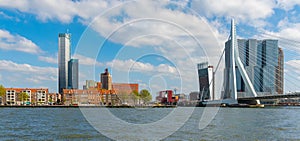 Rotterdam panorama with Erasmus bridge over the Meuse river and modern office buildings at Kop van Zuid, the Netherlands Holland