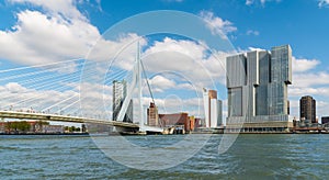 Rotterdam skyline Erasmus bridge over the Meuse river and modern office buildings at Kop van Zuid, the Netherlands Holland